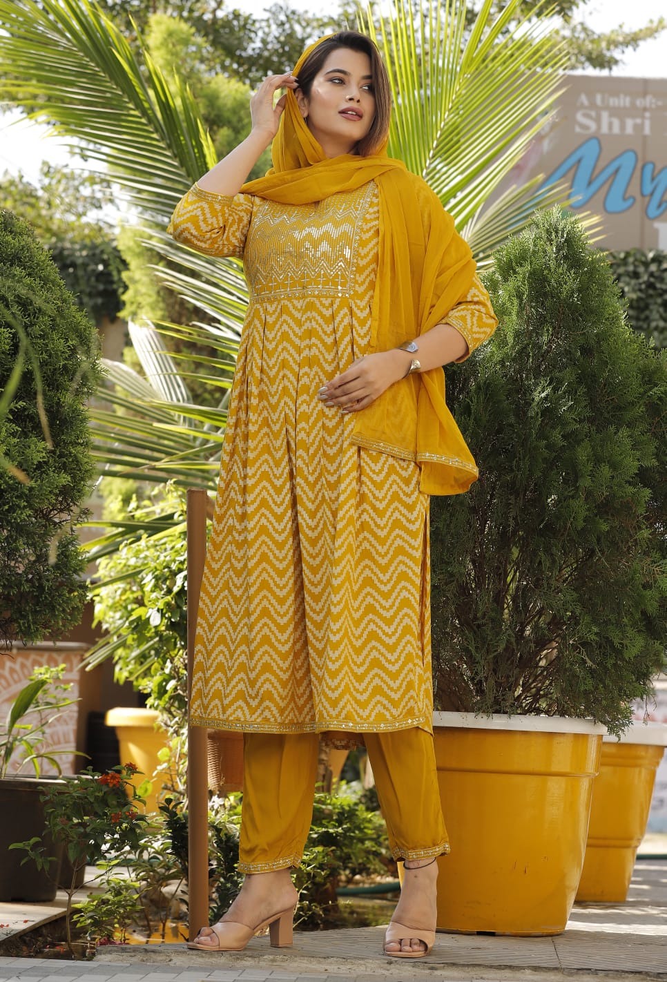 Rayon Naira Cut Printed Pant Suit Set, Yellow, 160 at Rs 795/set