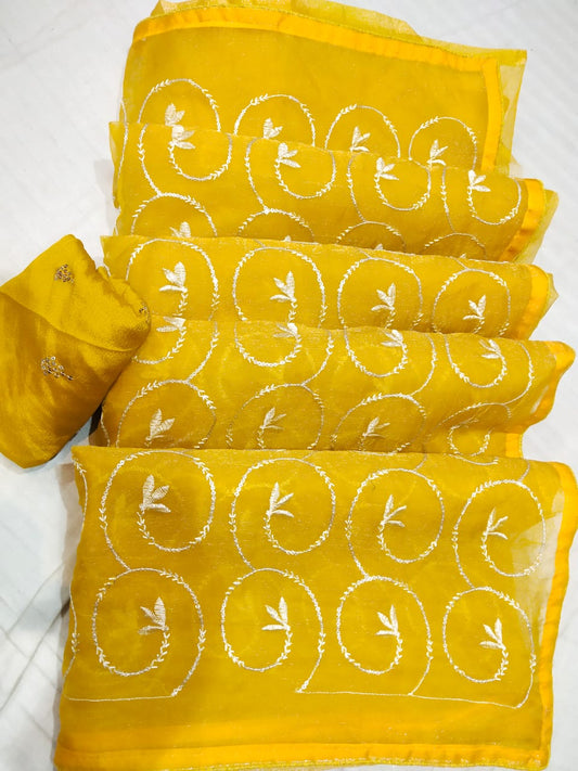 Maabetii Yellow Sequence Work Pure Simmer Organza Saree