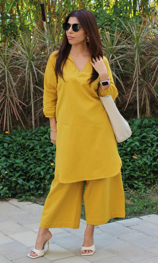 Maabetii Yellow Simple Plain Look Cotton Kurta Pants Coord Set