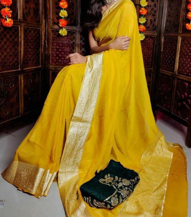 Maabetii Yellow Zari Work Organza Plain Saree