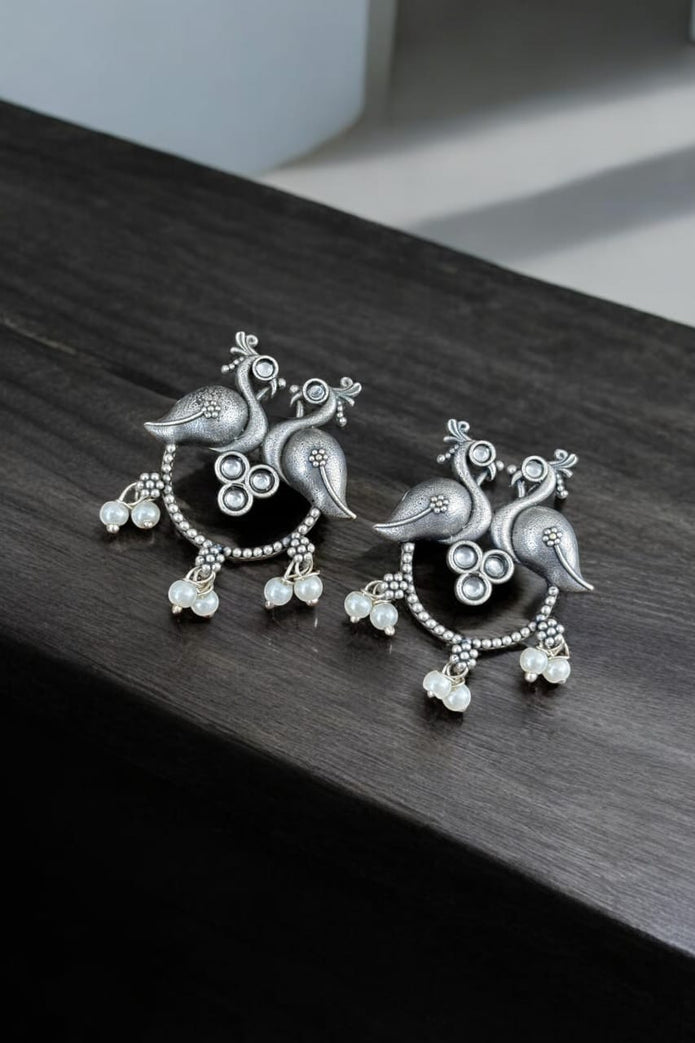 Maabetii Silver Antique Oxidized Peacock Stud Earring