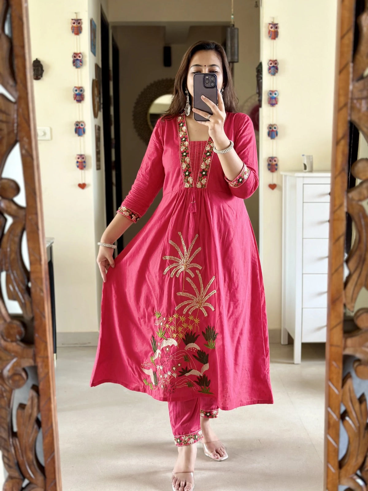 Maabetii Pink Cotton Embroidery Alia Cut Suit Set