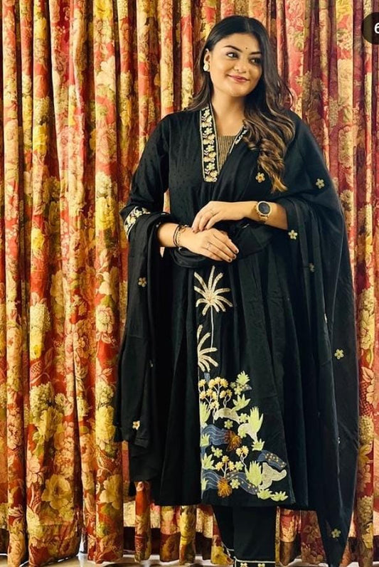 Maabetii Black Cotton Embroidery Alia Cut Suit Set