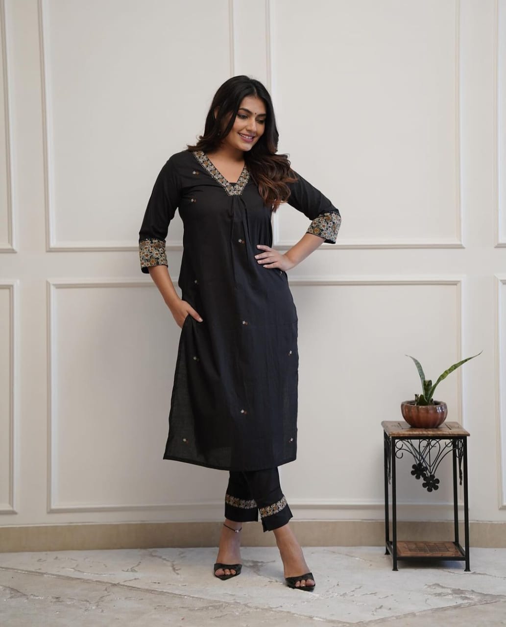 Maabetii Black Cotton Embroidery Kurti and Pant