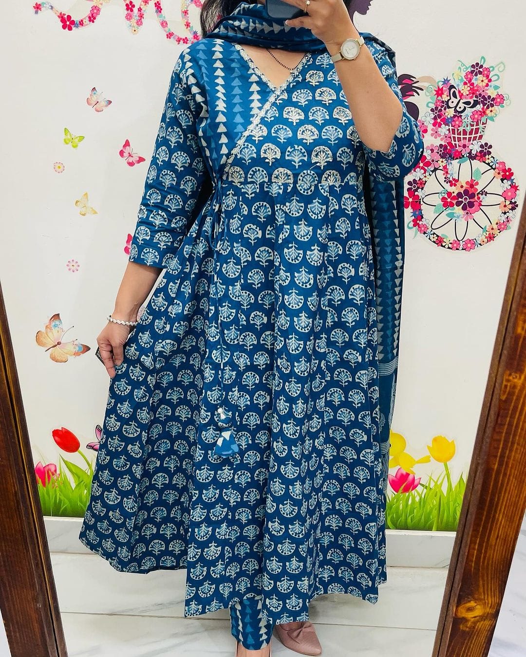 MaaBetii Blue Cotton Jaipur Famous Sanganeri Block Print Angrakha Suit Set