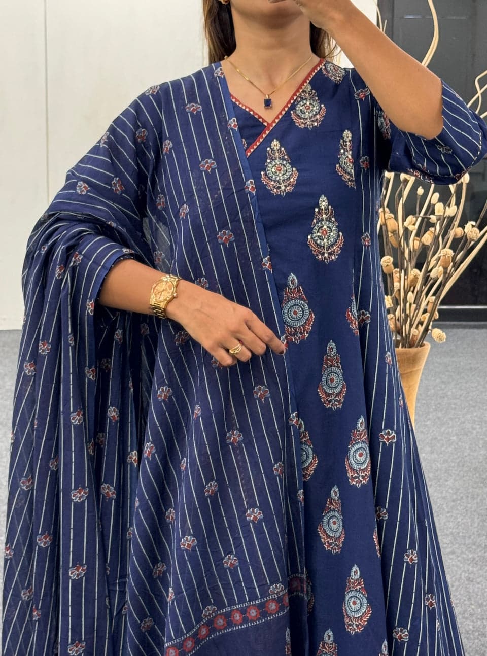 Close-up of floral print detailing on Blue Angrakha Anarkali Kurti

