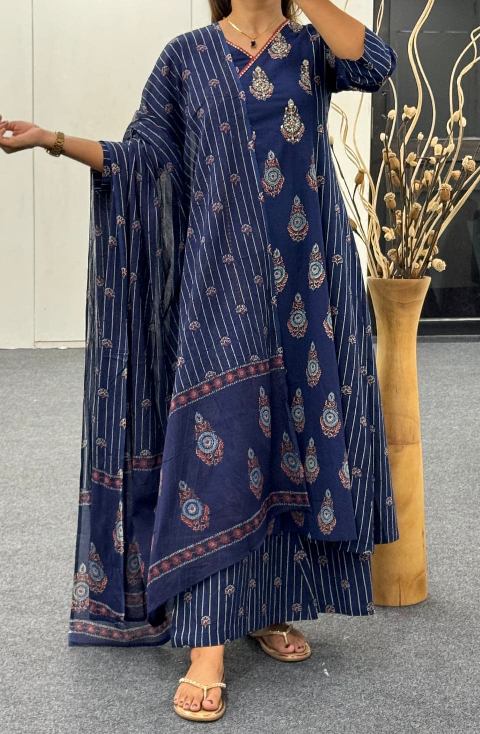 Blue Cotton Angrakha Anarkali Suit Set with floral print, pants, and dupatta

