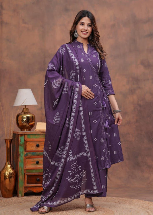 Maabetii Blue Cotton Angrakha Printed A-Line Suit Set
