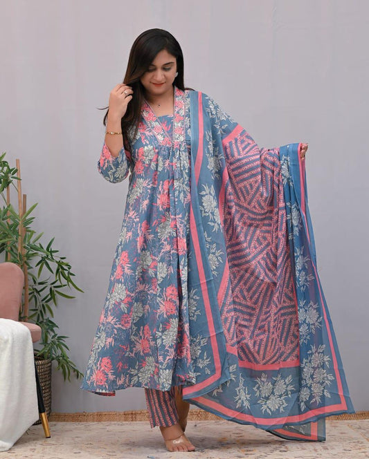 Maabetii Blue Cotton Floral Look Embroidery Work A-Line Suit Set