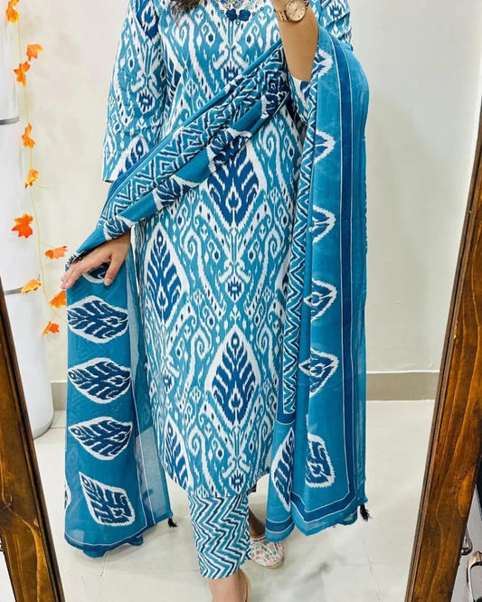 Maabetii Blue Cotton Embroidery Work Straight Fit Suit Set