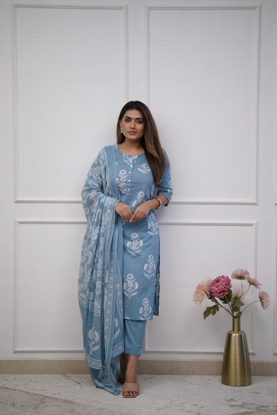 Maabetii Blue Cotton Floral Print Straight Suit Set