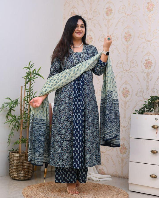 Maabetii Blue Cotton Printed Alia Cut Suit Set