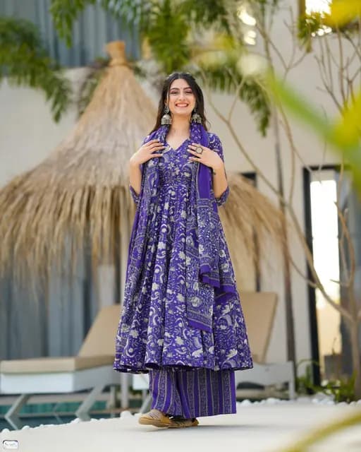 Chinon Anarkali suit set with intricate digital print, featuring matching pants and a dupatta.
