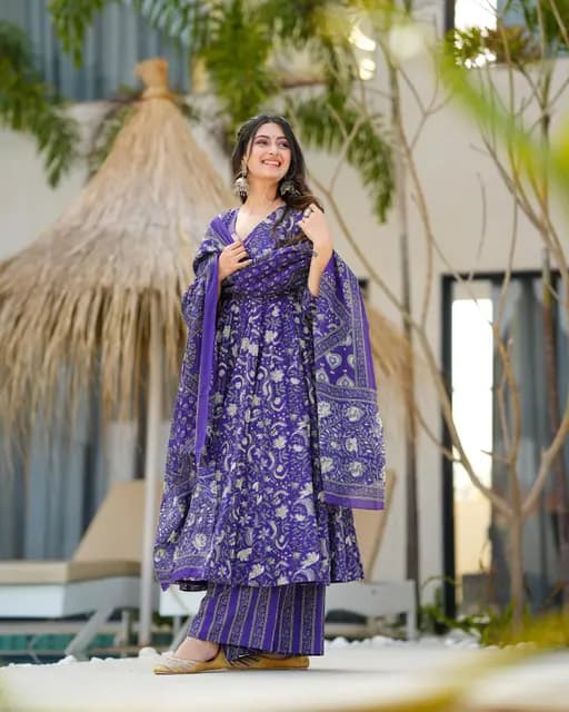 Ira Blue Chinon Digital Print Anarkali Suit Set