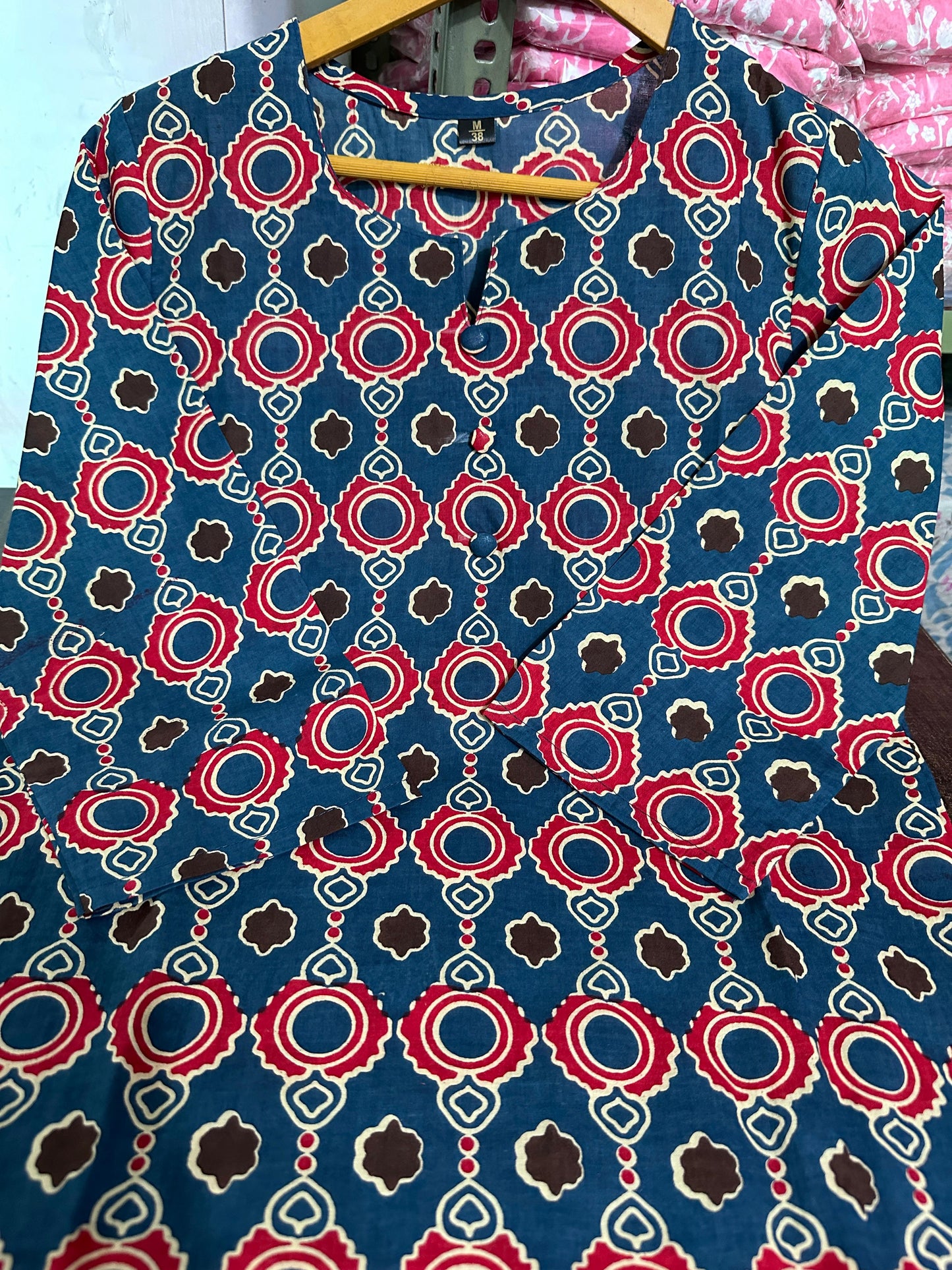 Maabetii Blue Cotton Sanganeri Print Straight Suit Set-OFFICE WEAR