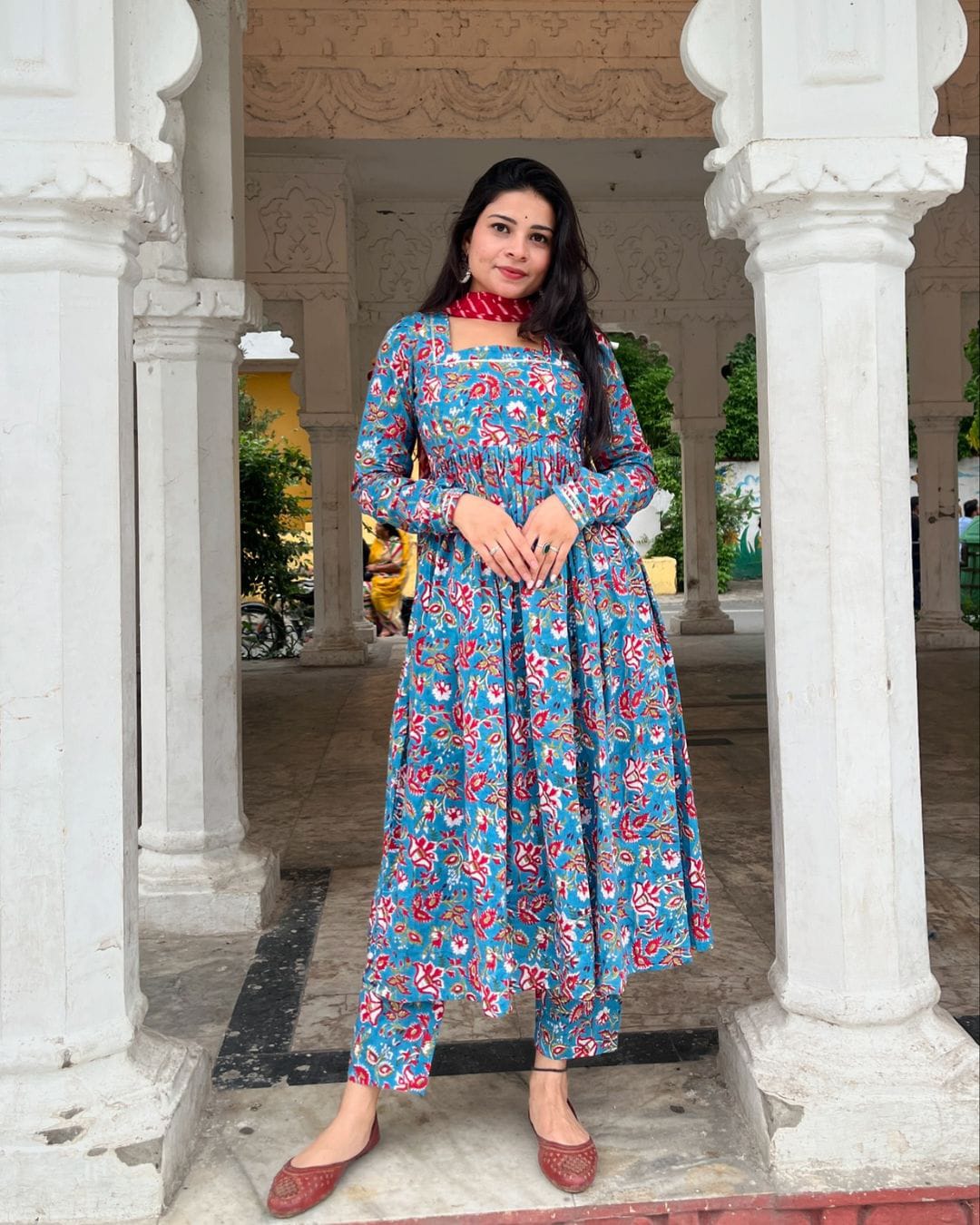 Maabetii Blue Gota Lace Floral Print Anarkali Suit Set