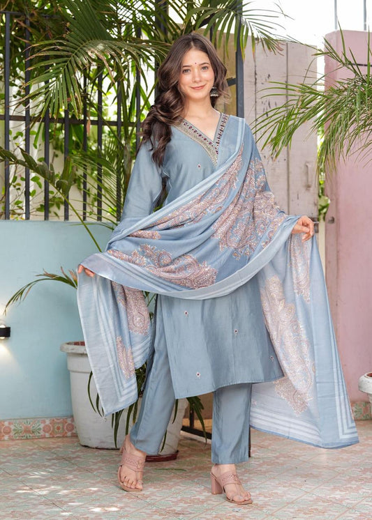 Maabetii Blue Modal Silk Sequence and Embroidery Work Suit Set