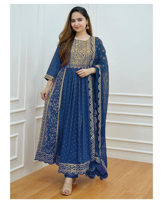 Maabetii Blue Rayon Embroidery and Sequence Naira Cut Suit Set