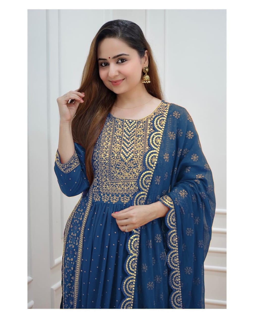 Maabetii Blue Rayon Embroidery and Sequence Naira Cut Suit Set