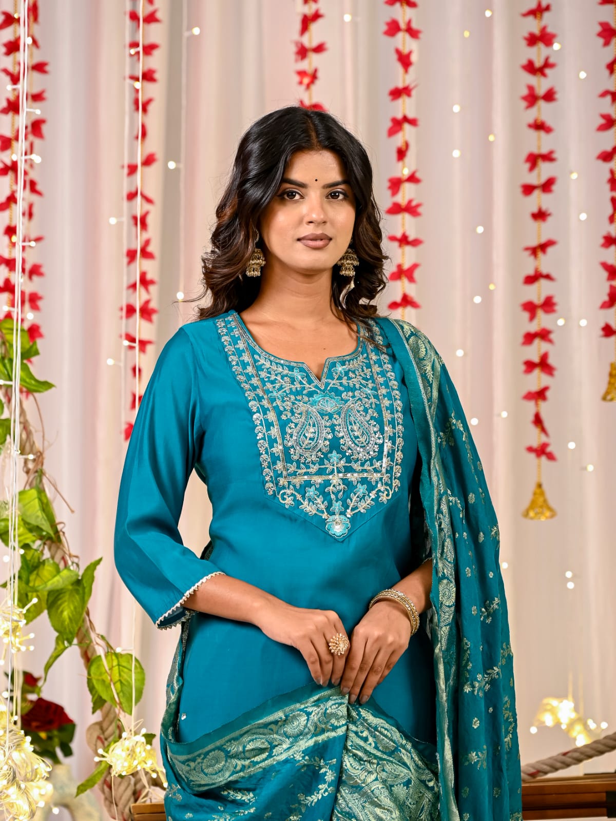 Maabetii Blue Roman Silk Zari Work Kurti & Pant with Jacqurd Duppatta