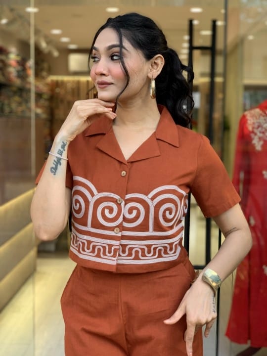 Maabetii Brown Cotton Embroidery Slub Top with Palazzo