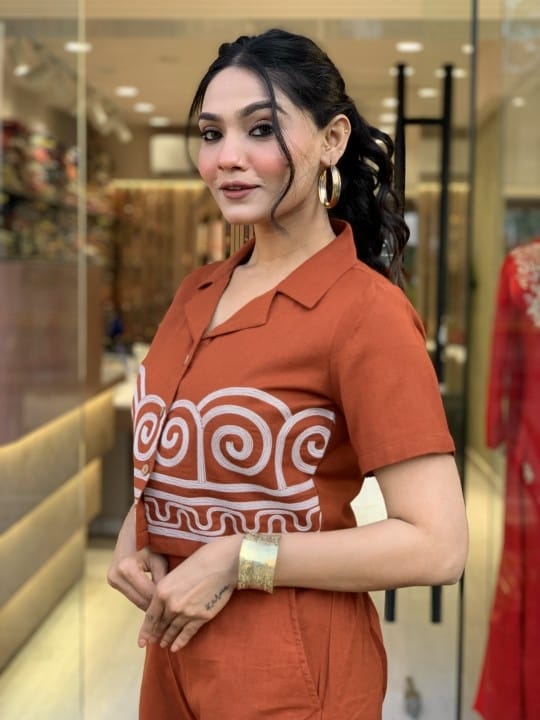 Maabetii Brown Cotton Embroidery Slub Top with Palazzo