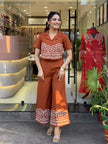 Maabetii Brown Cotton Embroidery Slub Top with Palazzo