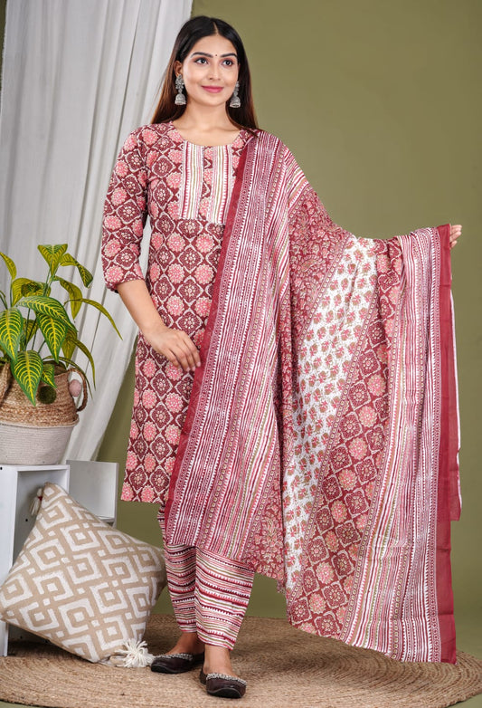 Maabetii Brown Cotton Embroidery Suit Set