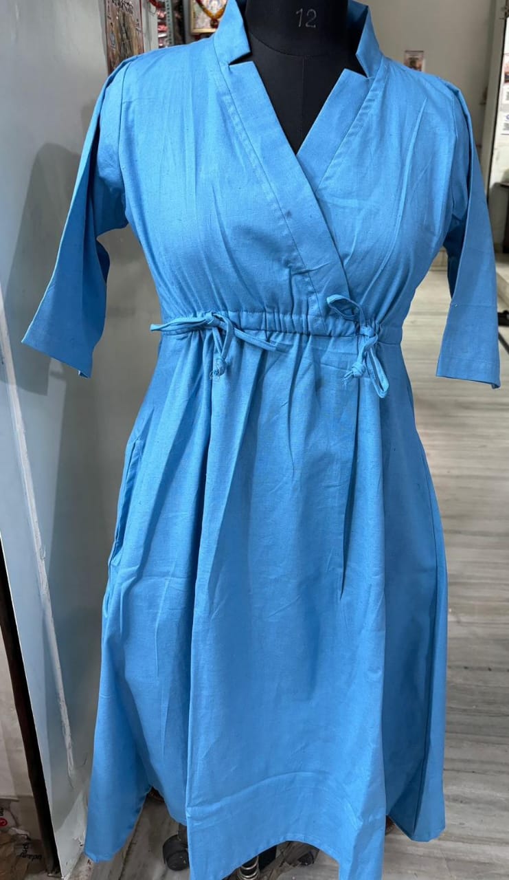 MaaBetii Blue Cotton Drape Style Funnel Collar Neck Gown Dress