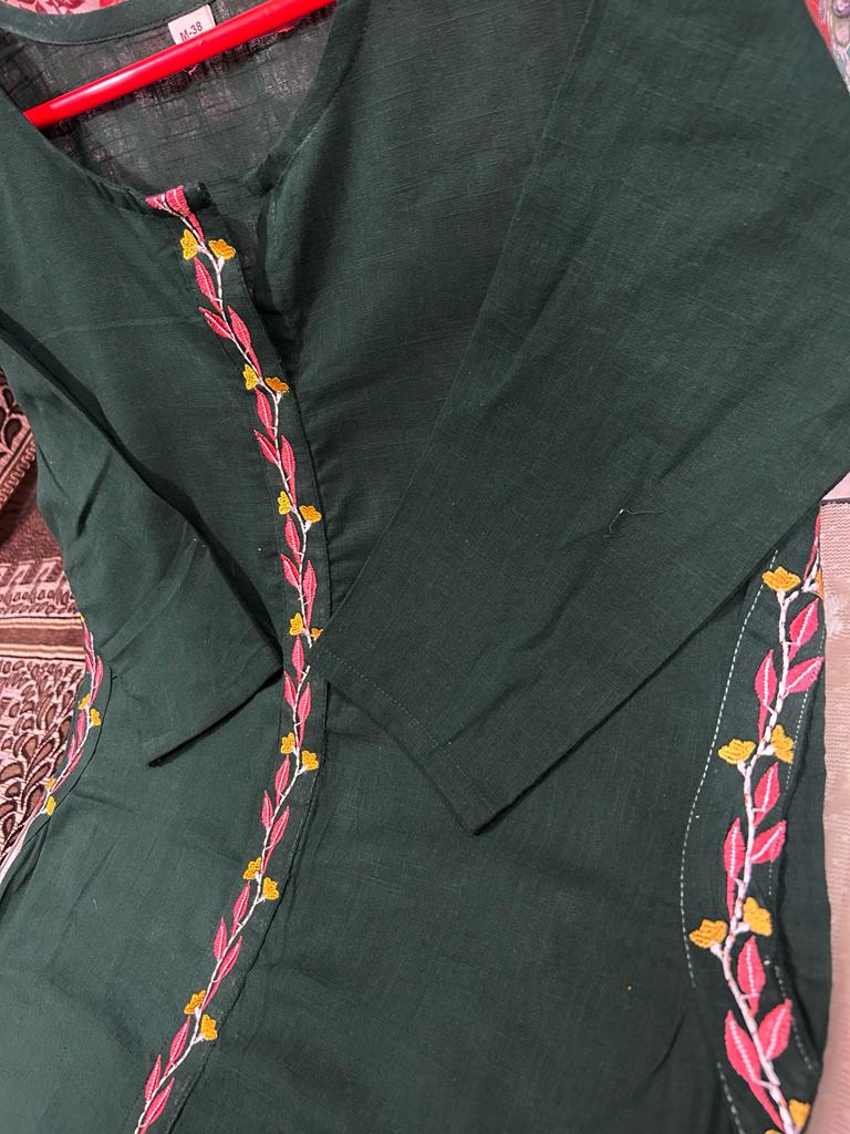 MaaBetii Cotton Green Embroidery Work A-Line Straight Suit Set with Heavy Dupatta