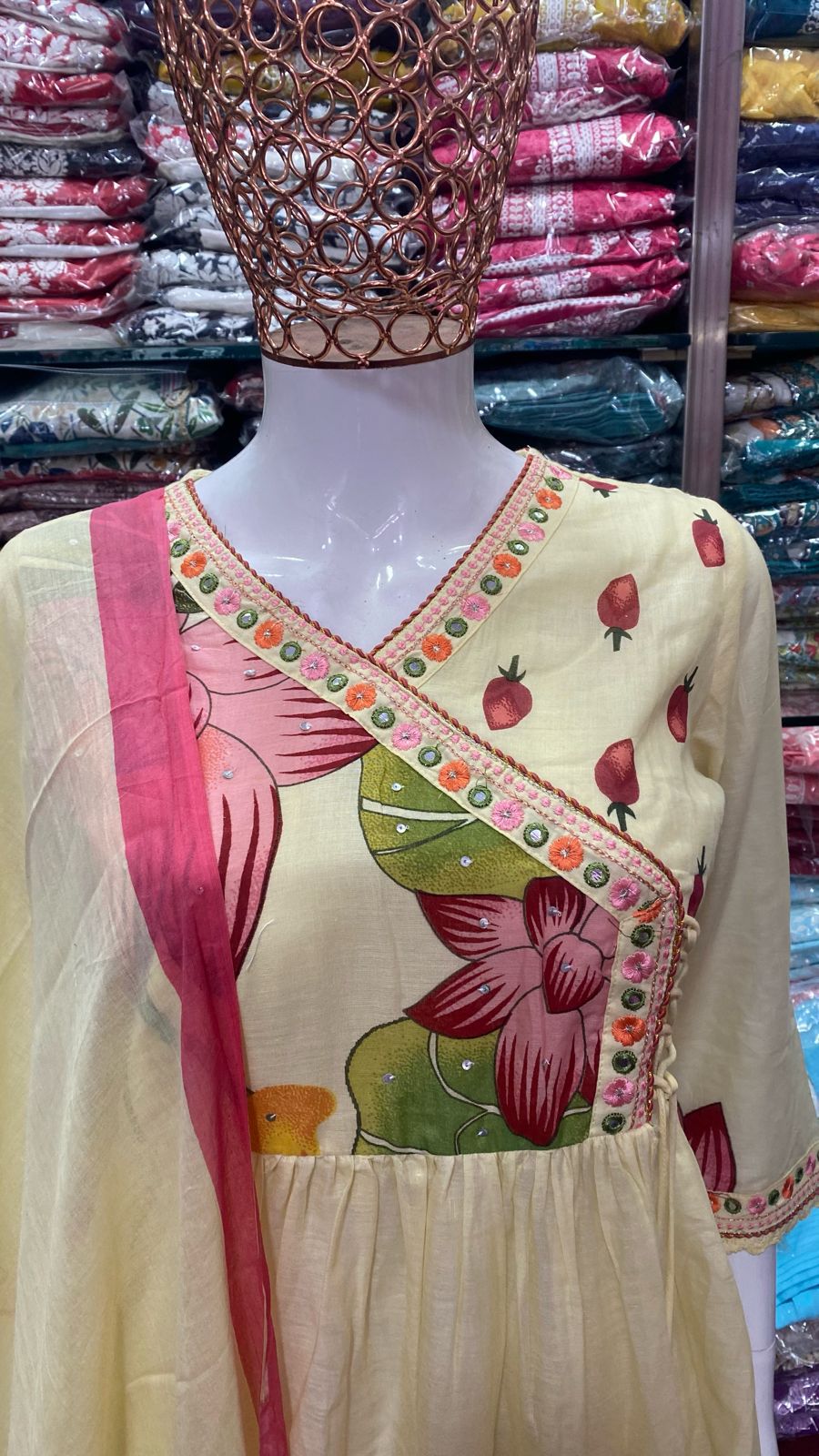 MaaBetii Yellow Color Floral Look Mul Mul Cotton Angarkha Suit Set