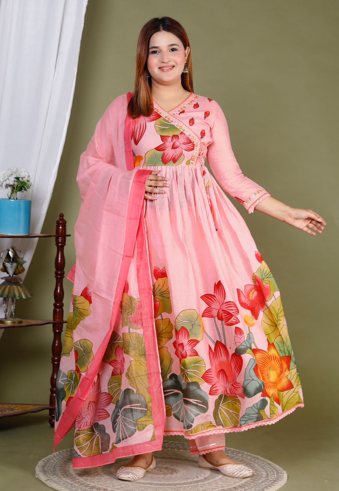 MaaBetii Cotton Mul Mul Angarkha Kurti with Duppata and Pant Set