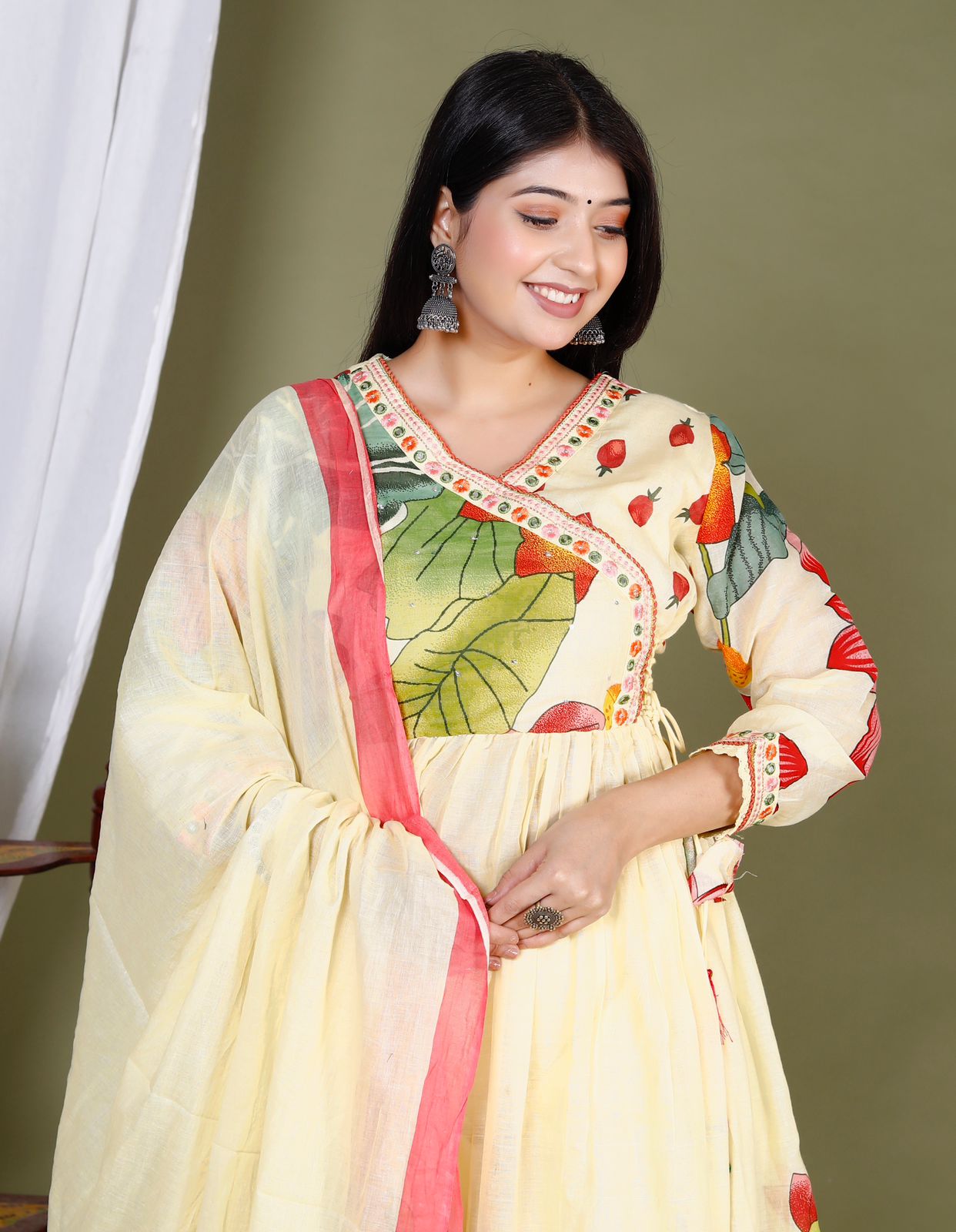 MaaBetii Yellow Color Floral Look Mul Mul Cotton Angarkha Suit Set