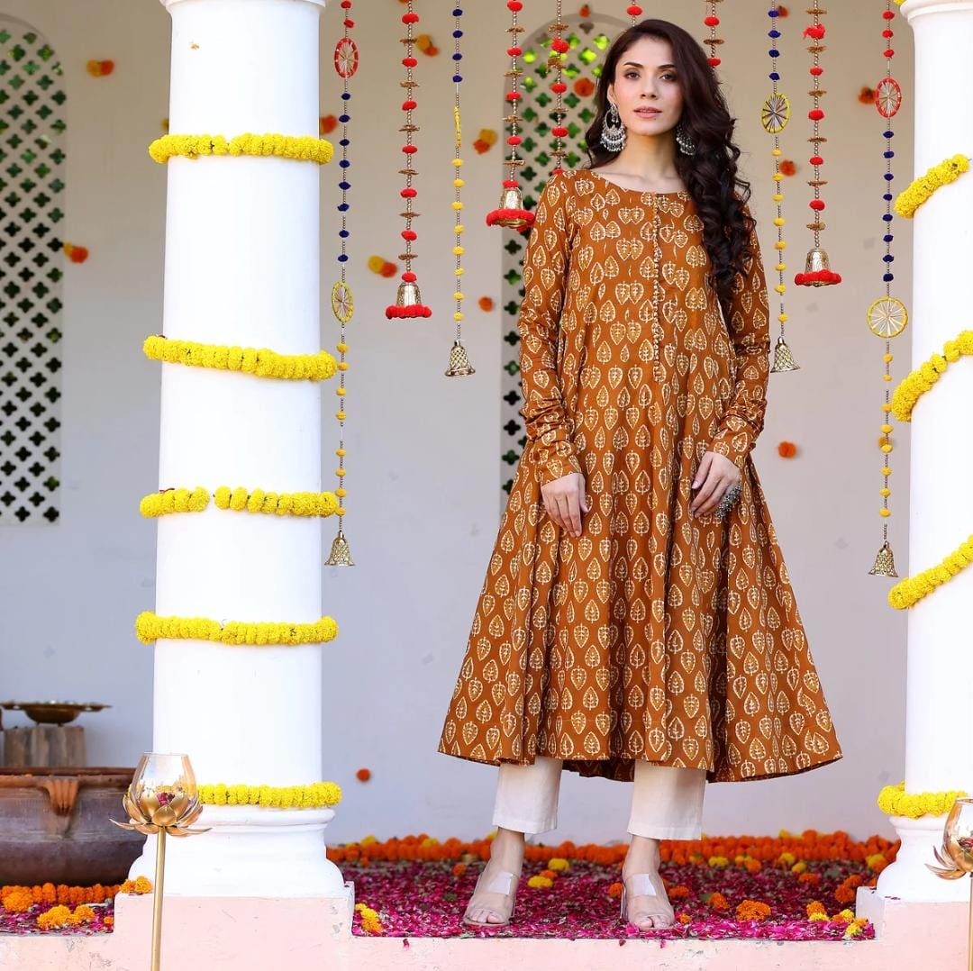 MaaBetii Orange Cotton Sanganeri Block Print Anarkali Kurta with Pant