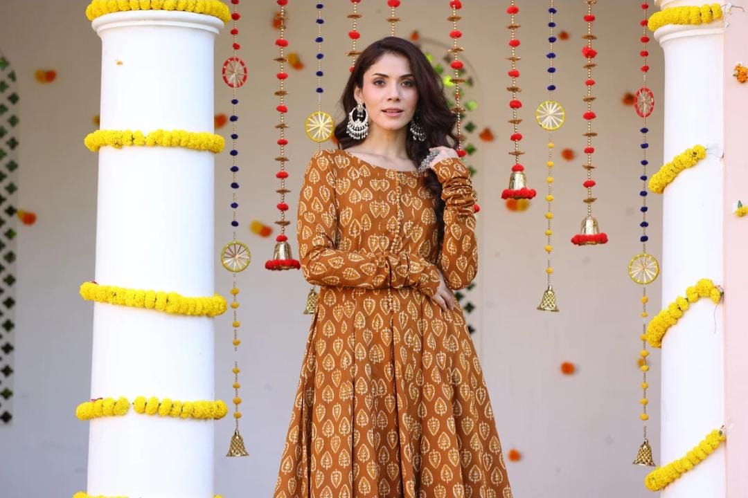 MaaBetii Orange Cotton Sanganeri Block Print Anarkali Kurta with Pant