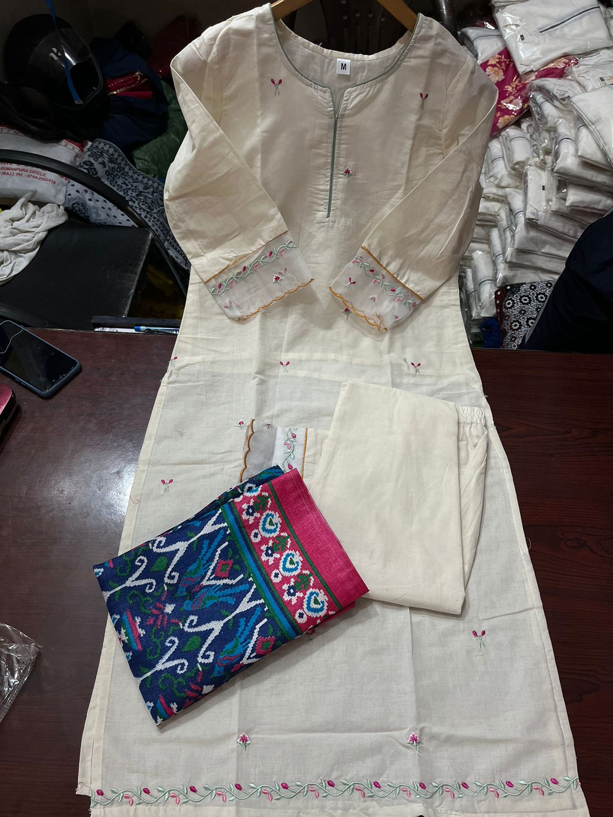 MaaBetii White Cotton Printed Embroider Thread work Straight Suit Set with Heavy Dupatta