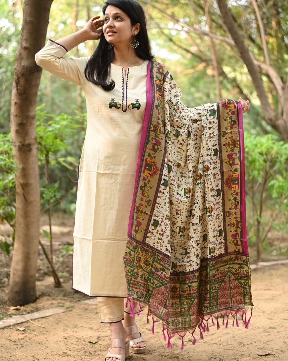 Maabetii Cream Cotton Zari Work Kurti & Pant with Khadi Printed Duppatta