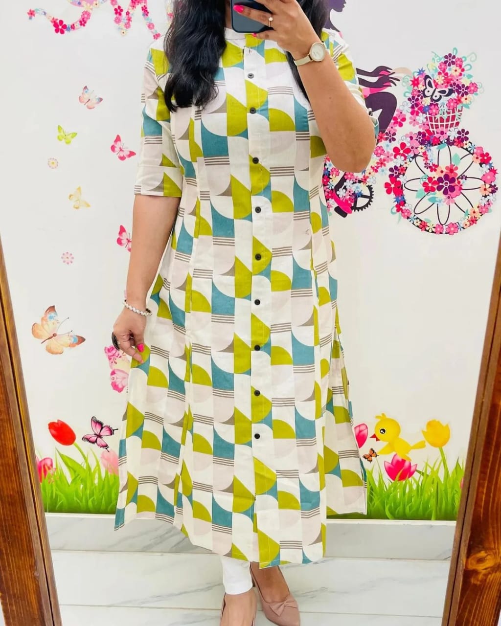 Maabetii Green Cotton A-line Kurti & Pant