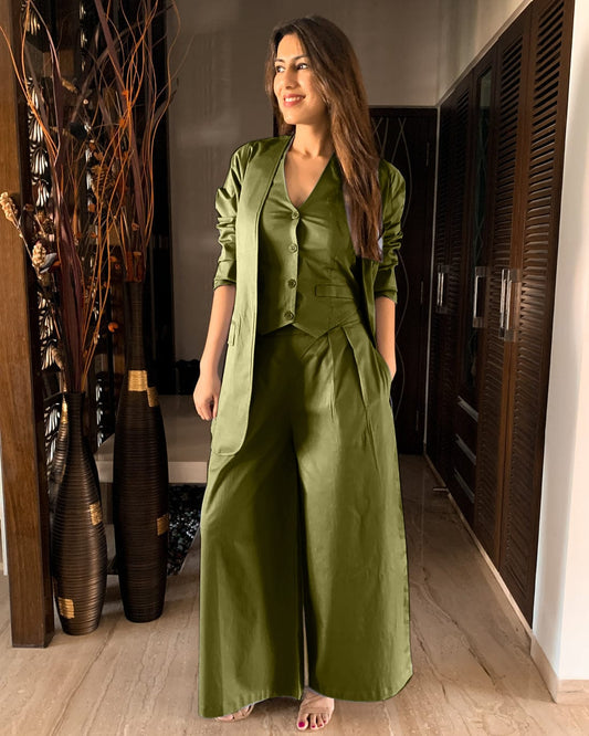 Maabetii Green Cotton Bell-bottom Pants with Halter Vest Coat and Long Blazer