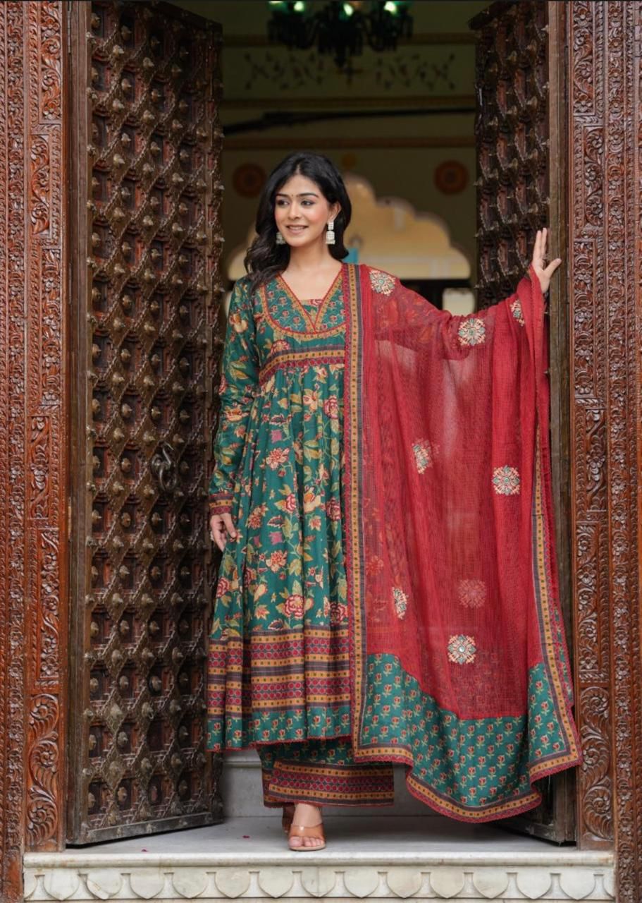 Maabetii Green Cotton Embroidery Anarkali Suit Set-FESTIVE WEAR