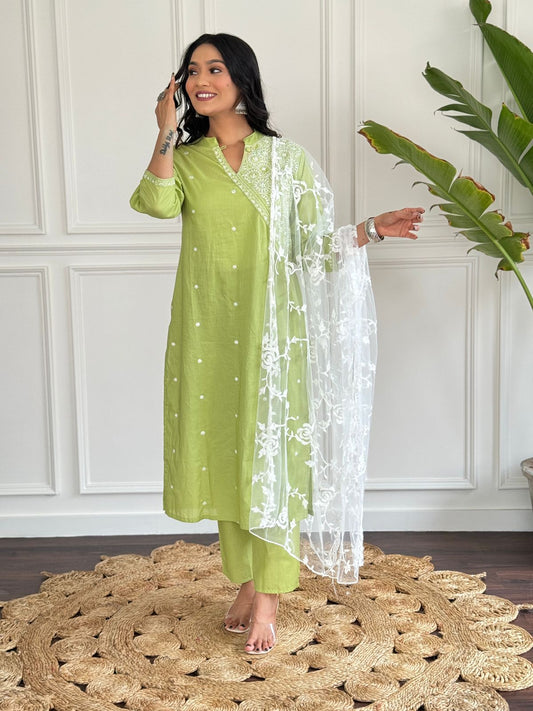 Maabetii Green Cotton Embroidery Kurti & Pant with Heavy Duppatta