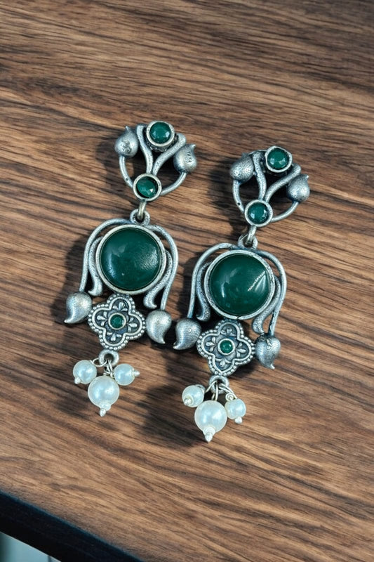 Maabetii Green Light Weight Oxidized Silver Stud Earrings