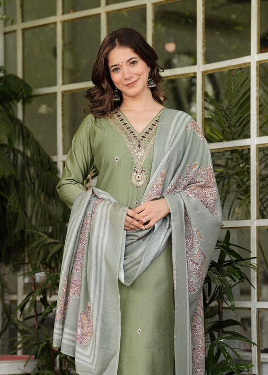 Maabetii Green Modal Silk Sequence and Embroidery Work Suit Set