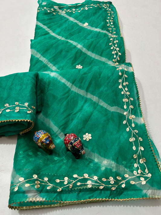 Maabetii Green Pure Organza Gota Patti Hand Work Saree