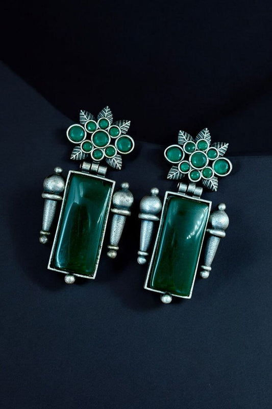 Maabetii Green Silver Monalisa Stone Stud Earrings