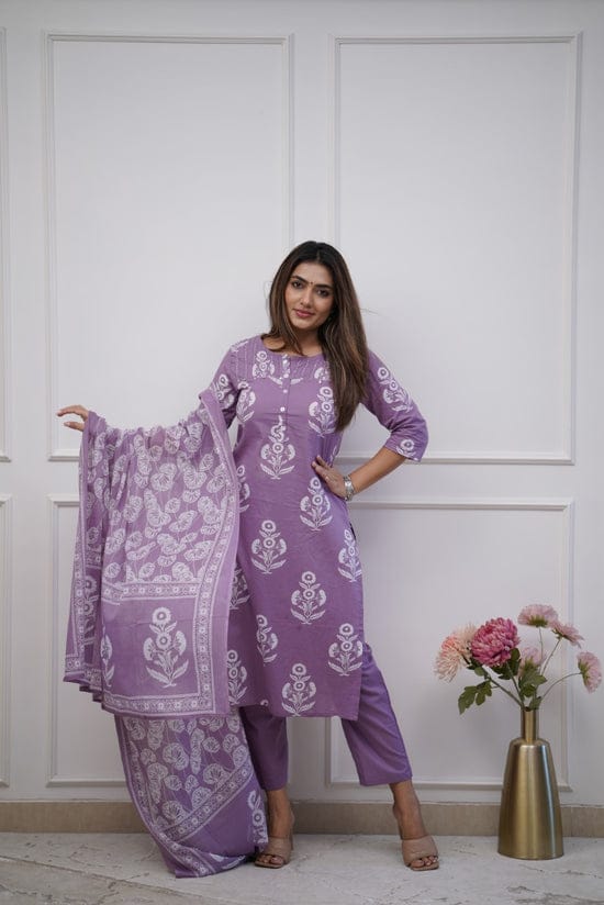 Maabetii Lavender Cotton Floral Print Straight Suit Set