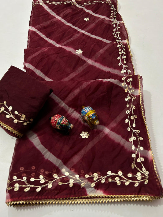 Maabetii Maroon Pure Organza Gota Patti Hand Work Saree