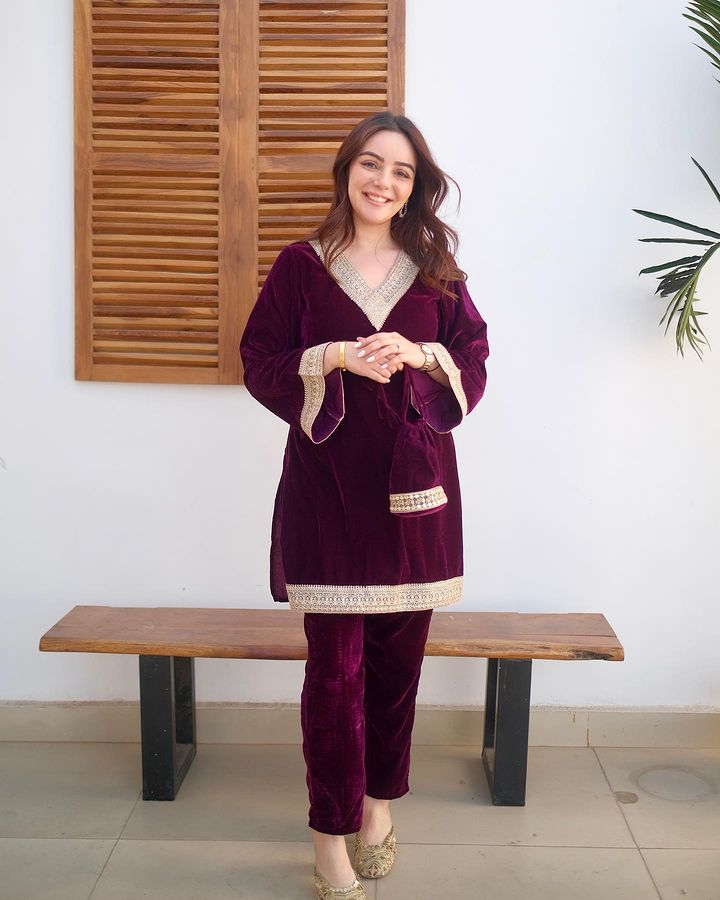 Maabetii Maroon Velvet Lace Work Co-ord Set