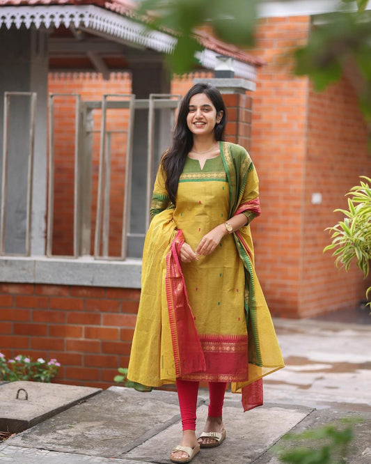 Maabetii Multicolor Kanchi Cotton South Indian Suit Set