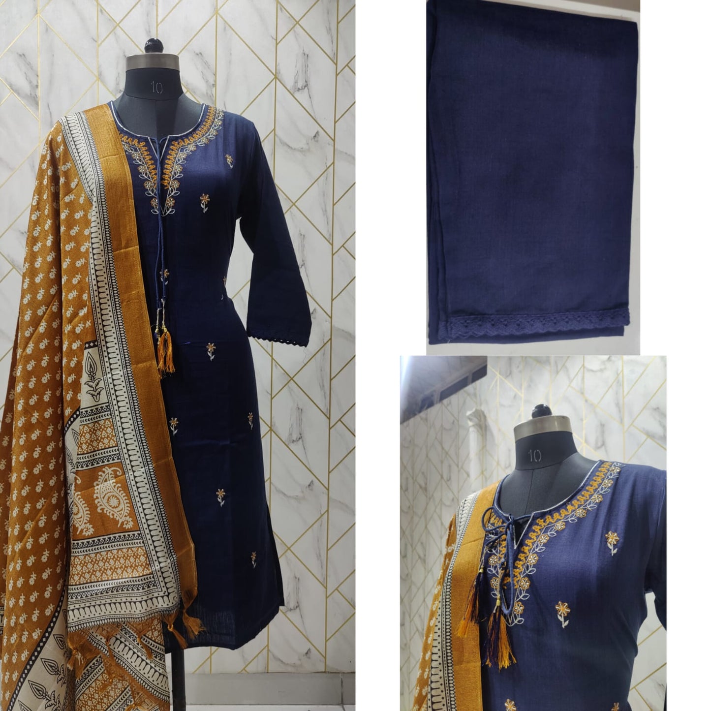 Maabetii Navy Blue Khadi Cotton Embroidery Suit Set